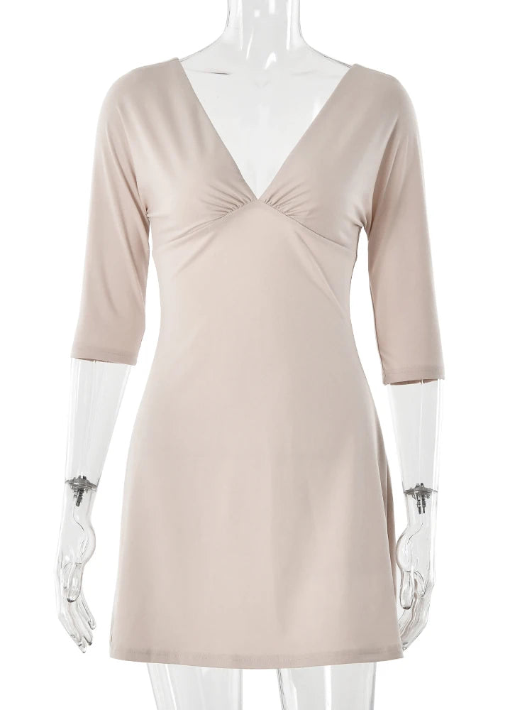 JULISSA MO Sexy Deep V-neck Half Sleeve Women Mini Dress Solid High Waist Dress Femme Summer Slim Casual Vacation Beachwear 2026