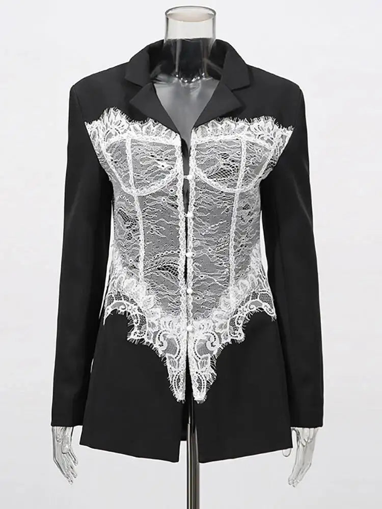 JULISSA MO Patchwork Deep V-neck Lace Women Blazer Black Long Sleeve Single Breasted Jacket Autumn Skinny Elegant Party Clubwear