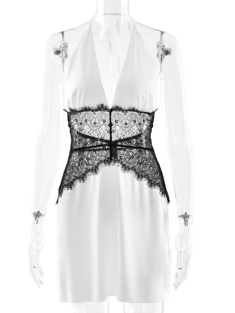 JULISSA MO Patchwork Lace Sexy Backless Mini Dress Women White Deep V-neck Halter Dress Winter Skinny Elegant Party Club Dresses