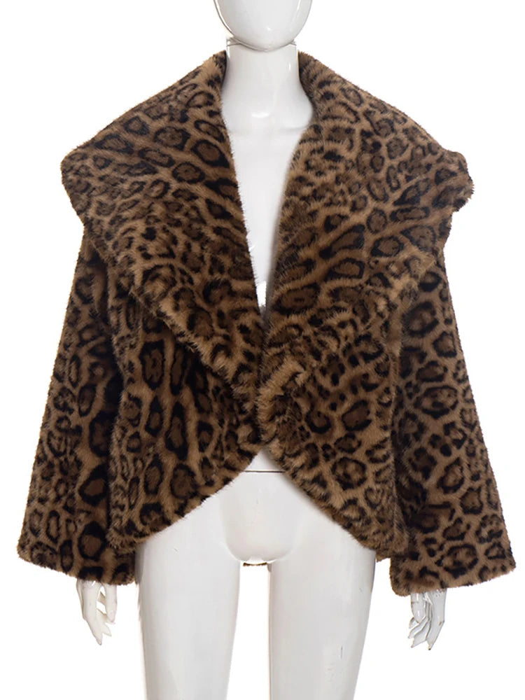 JULISSA MO Winter Warm Thickened Printed Leopard Turn-down Collar Women Coat Long Sleeve Party Club Loose Elegant Women Clothing