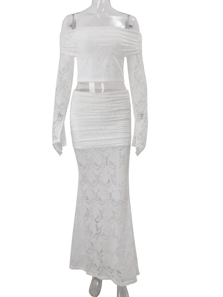 JULISSA MO Sexy Off Shoulder Two Piece Sets Women Skirt Suit White Long Sleeve Top Long Skirt Autumn Slim Elegant Skirt Set 2025