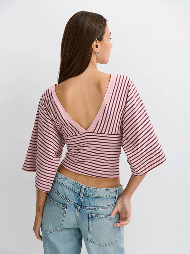 JULISSA MO Sexy V-neck Print Striped Women T-shirt Pink Mid Sleeve Backless Short Female T-shirt Summer Loose Casual Streetwear