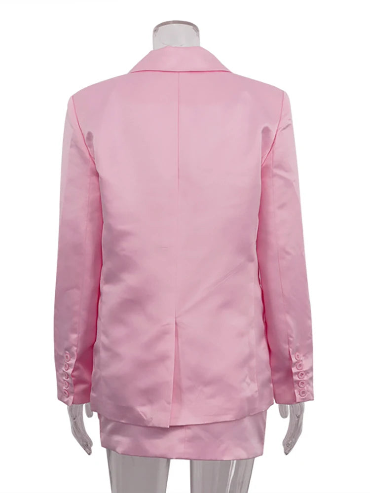 JULISSA MO Satin Turn-down Collar Button Women Blazer Sets Pink Long Sleeve Blazer Mini Skirt Summer Slim Casual Two Piece Sets