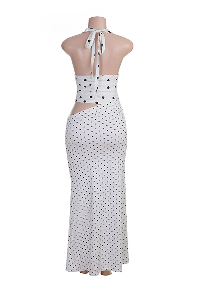 JULISSA MO Sexy Deep V-neck Print Polka Dot Halter Women Skirt Suit Backless Top Long Skirt Summer Skinny Elegant Two Piece Sets