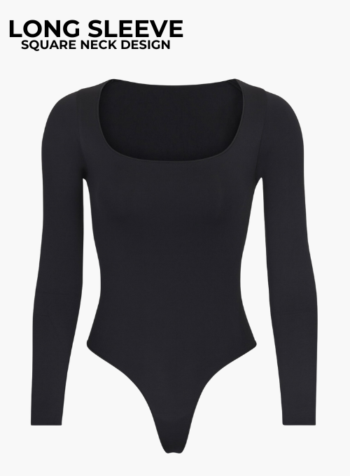 Long Sleeve Square Neck Snatched Bodysuit Thong Design