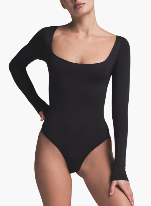 Long Sleeve Square Neck Snatched Bodysuit Thong Design