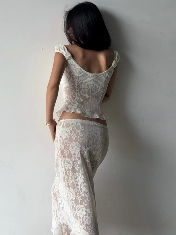 JULISSA MO Sexy Low Chest Jacquard Sheer Lace Women Skirt Suit Spaghetti Strap Top Long Skirt Summer Slim Casual Two Piece Sets