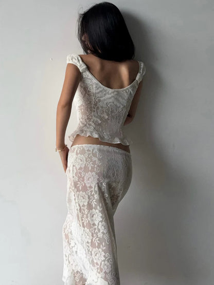 JULISSA MO Sexy Low Chest Jacquard Sheer Lace Women Skirt Suit Spaghetti Strap Top Long Skirt Summer Slim Casual Two Piece Sets