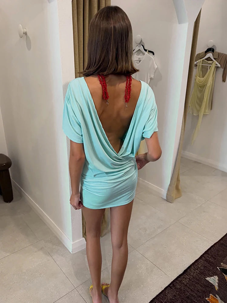 JULISSA MO Deep V-neck Ruched Mini Dress Women Backless Short Sleeve High Wasit Dresses Spring Bodycon Elegant Party Club Dress