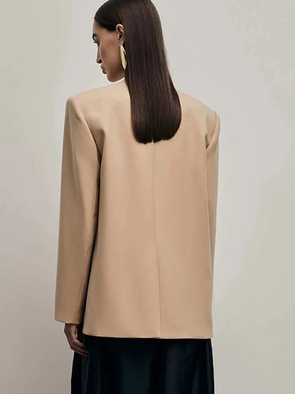 JULISSA MO Sexy Deep V-neck Single Button Women Blazer Black Long Sleeve Shoulder Pads Jackets Winter Loose Elegant Blazer Coat