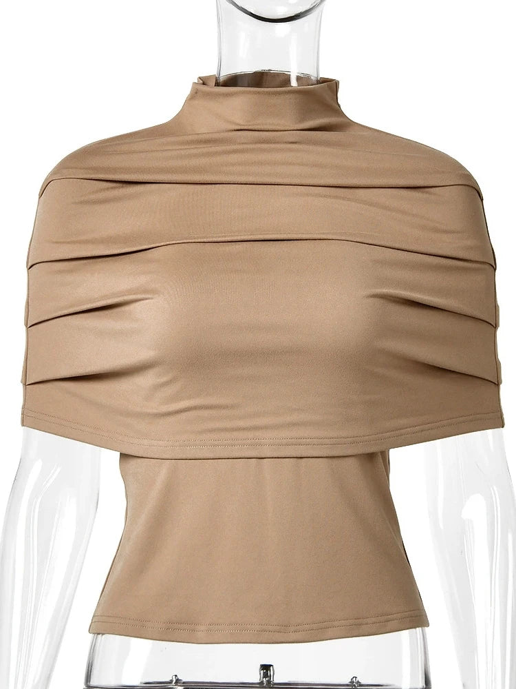 JULISSA MO Solid Turtleneck Pleated Women Tops Apricot Strapless Tank Top Pullover Shawl Summer Slim Casual Two Piece Sets 2026