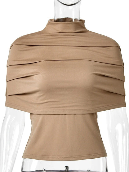 JULISSA MO Solid Turtleneck Pleated Women Tops Apricot Strapless Tank Top Pullover Shawl Summer Slim Casual Two Piece Sets 2026