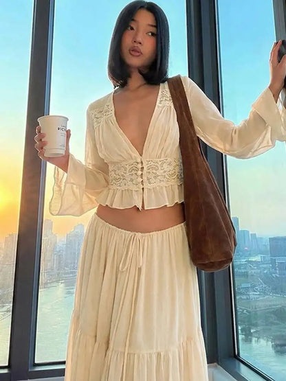 JULISSA MO Patchwork Sexy Deep V-neck Sheer Chiffon Women Skirt Set Long Sleeve Top Long Skirt Spring Slim Casual Two Piece Sets