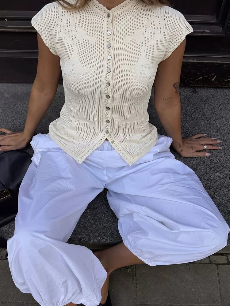 JULISSA MO Knitted Sexy Hollow Out Single Breasted Women Tops Apricot Short Sleeve Round Neck Tops Summer Slim Casual Streetwear
