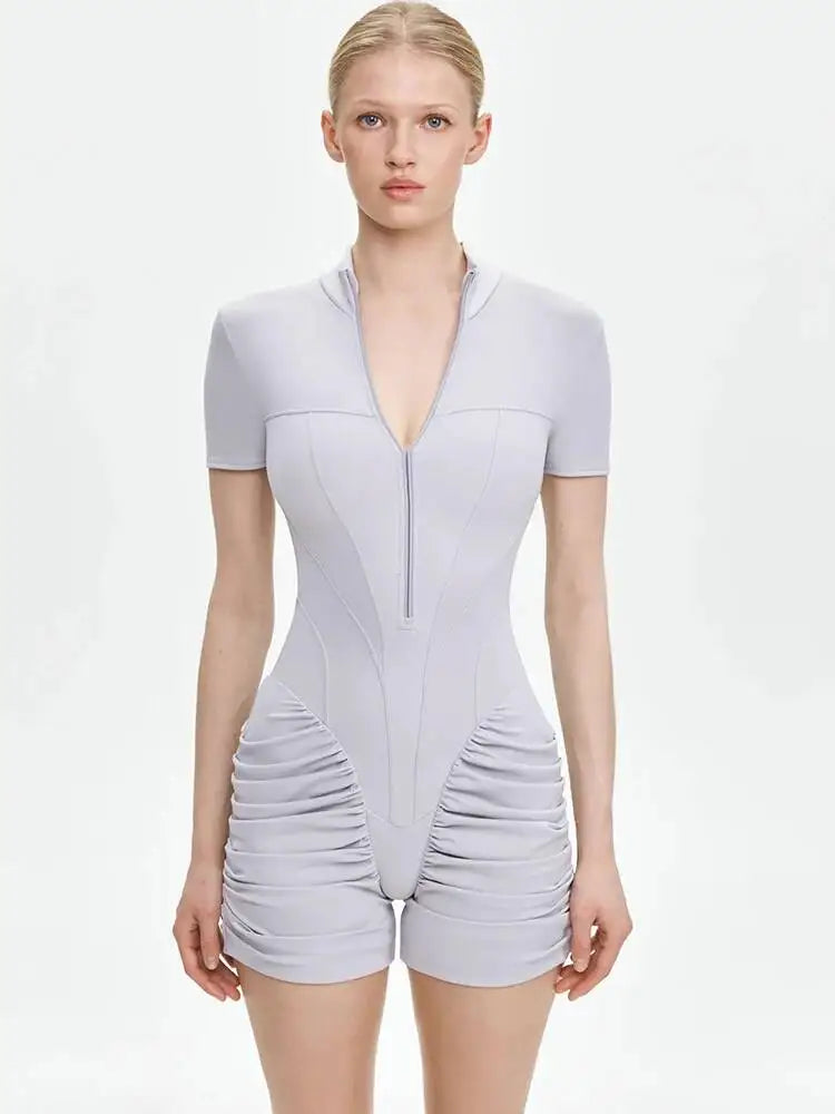 JULISSA MO Turtleneck Yoga Short Sleeve Zipper Women Playsuit High Waist Ruched Bodysuit Summer Slim Casual Sporty Playsuit New