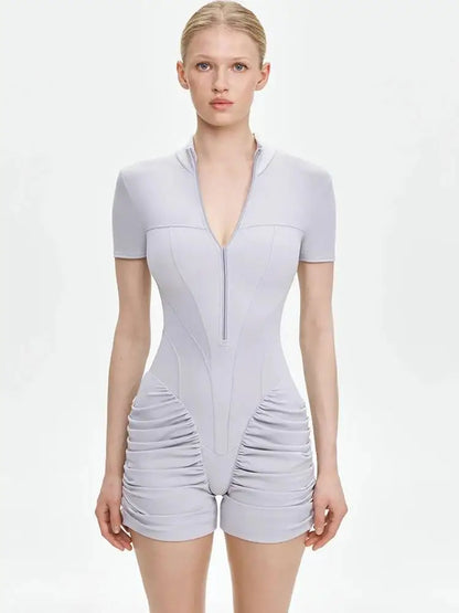 JULISSA MO Turtleneck Yoga Short Sleeve Zipper Women Playsuit High Waist Ruched Bodysuit Summer Slim Casual Sporty Playsuit New