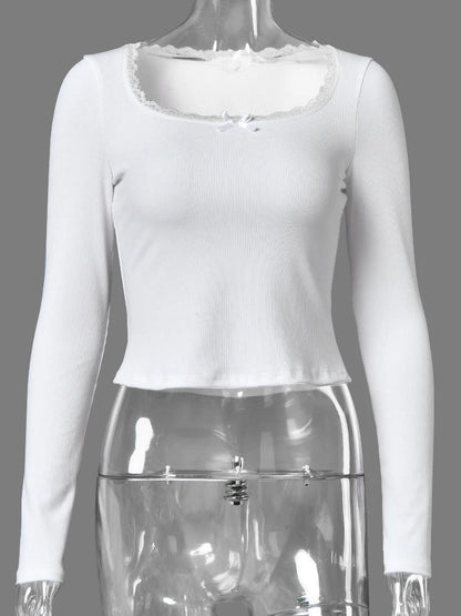 JULISSA MO Sexy Square Collar Lace Bow Women T-shirt White Long Sleeve Casual Short T-shirt Summer Slim Elegant Streetwear 2026