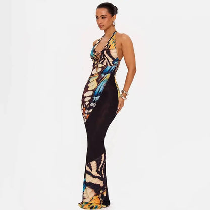 JULISSA MO Sexy Deep V-neck Print Halter Women Maxi Dress Black Backless High Waist Dress Summer New Elegant Party Evening Dress