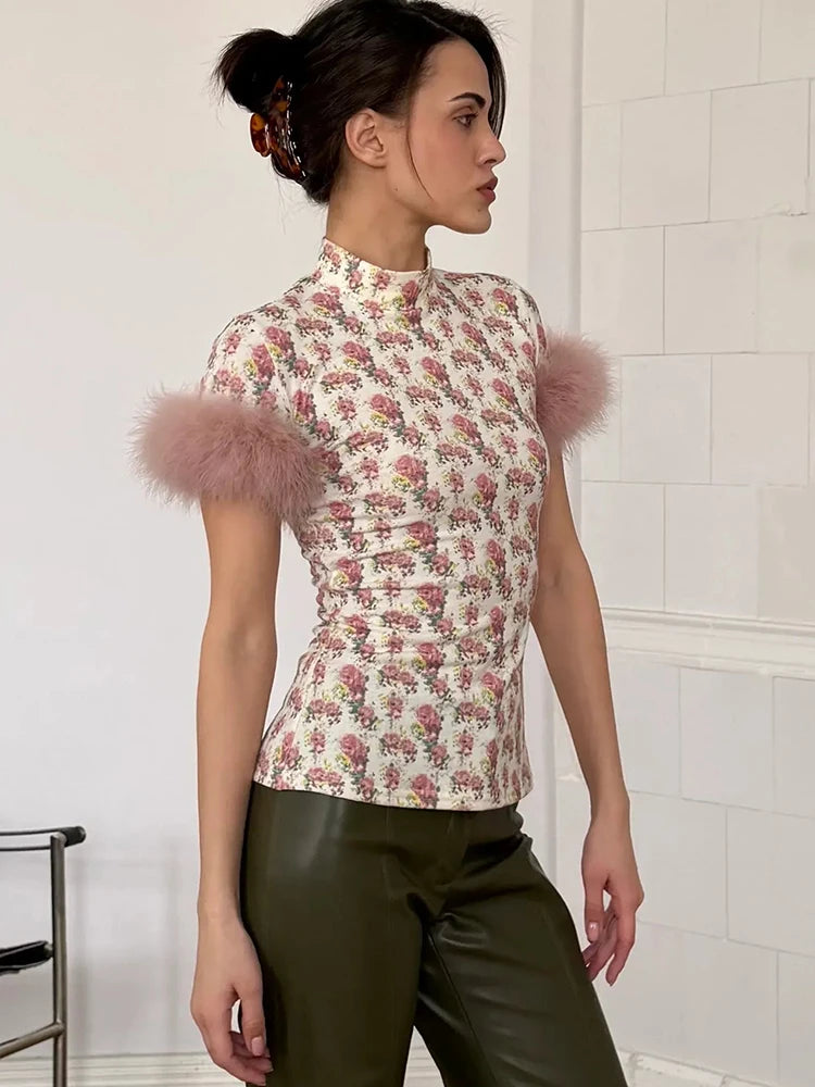 JULISSA MO Turtleneck Patchwork Feather Sleeve Women T-shirts Short Sleeve Casual Short Tops Summer Slim Fashion Party Clubwear