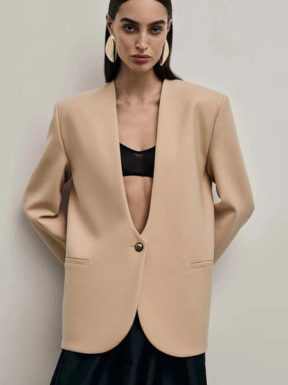 JULISSA MO Sexy Deep V-neck Single Button Women Blazer Black Long Sleeve Shoulder Pads Jackets Winter Loose Elegant Blazer Coat