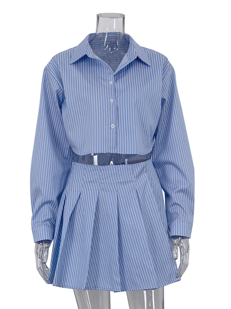 JULISSA MO Print Striped Turn-down Collar Women Two Piece Sets Long Sleeve Shirt Mini Pleated Skirt Summer Slim Casual Skirt Set