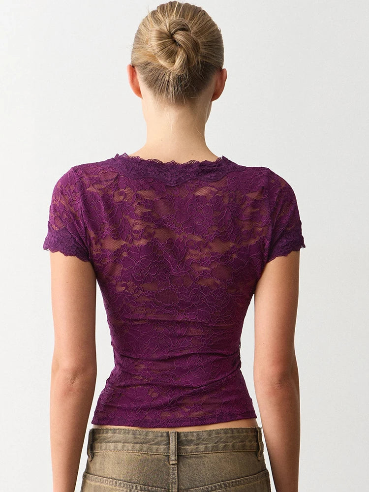 JULISSA MO Sexy Deep V-neck Sheer Lace Women T-shirt Black Short Sleeve Floral T-shirt Summer Skinny Casual Vacation Streetwear