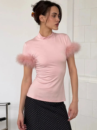JULISSA MO Turtleneck Patchwork Feather Sleeve Women T-shirts Short Sleeve Casual Short Tops Summer Slim Fashion Party Clubwear