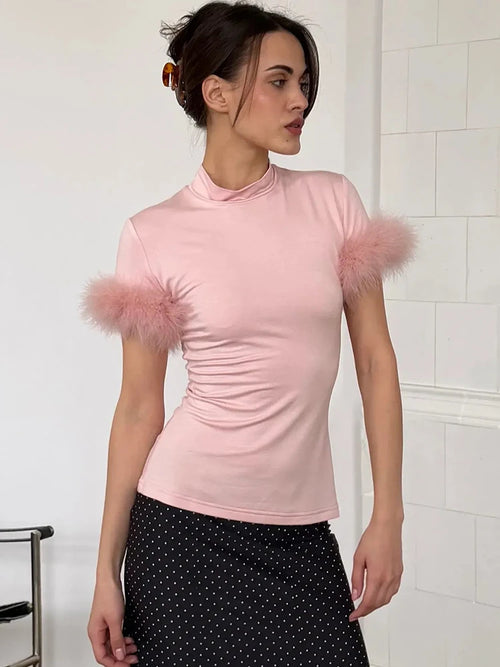 JULISSA MO Women’s Turtleneck Feather Sleeve Crop Top