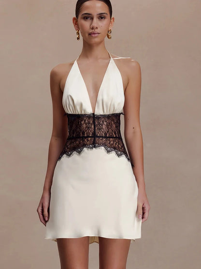 JULISSA MO Patchwork Lace Sexy Backless Mini Dress Women White Deep V-neck Halter Dress Winter Skinny Elegant Party Club Dresses