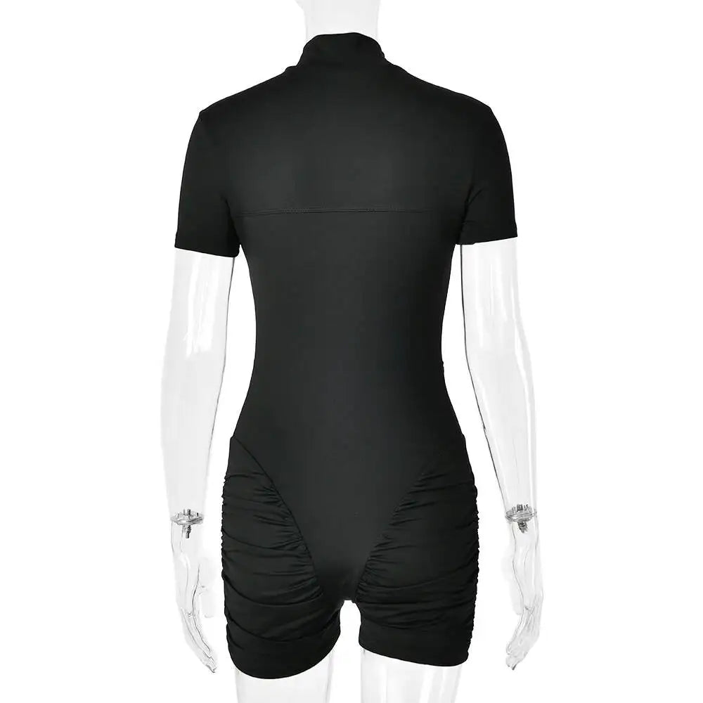 JULISSA MO Turtleneck Yoga Short Sleeve Zipper Women Playsuit High Waist Ruched Bodysuit Summer Slim Casual Sporty Playsuit New