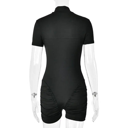 JULISSA MO Turtleneck Yoga Short Sleeve Zipper Women Playsuit High Waist Ruched Bodysuit Summer Slim Casual Sporty Playsuit New