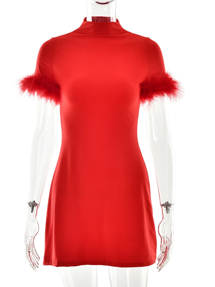 JULISSA MO Turtleneck Patchwork Feather Sleeve Women Mini Dress Short Sleeve A-line Dress Spring Skinny Elegant Party Club Dress