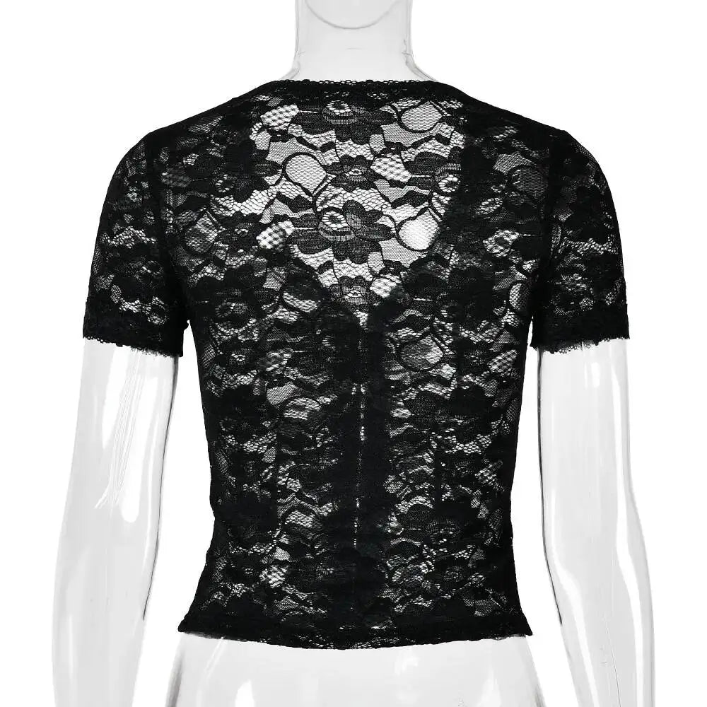 JULISSA MO Sexy Deep V-neck Sheer Lace Women T-shirt Black Short Sleeve Floral T-shirt Summer Skinny Casual Vacation Streetwear