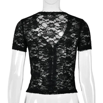 JULISSA MO Sexy Deep V-neck Sheer Lace Women T-shirt Black Short Sleeve Floral T-shirt Summer Skinny Casual Vacation Streetwear