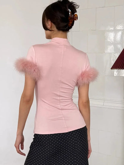 JULISSA MO Turtleneck Patchwork Feather Sleeve Women T-shirts Short Sleeve Casual Short Tops Summer Slim Fashion Party Clubwear