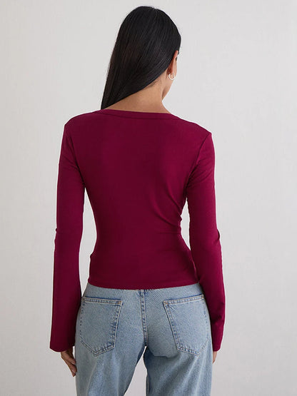 JULISSA MO Sexy Deep V-neck Solid Casual Women T-shirt Black Long Sleeve Sporty Short T-shirts Summer Skinny Elegant Streetwear