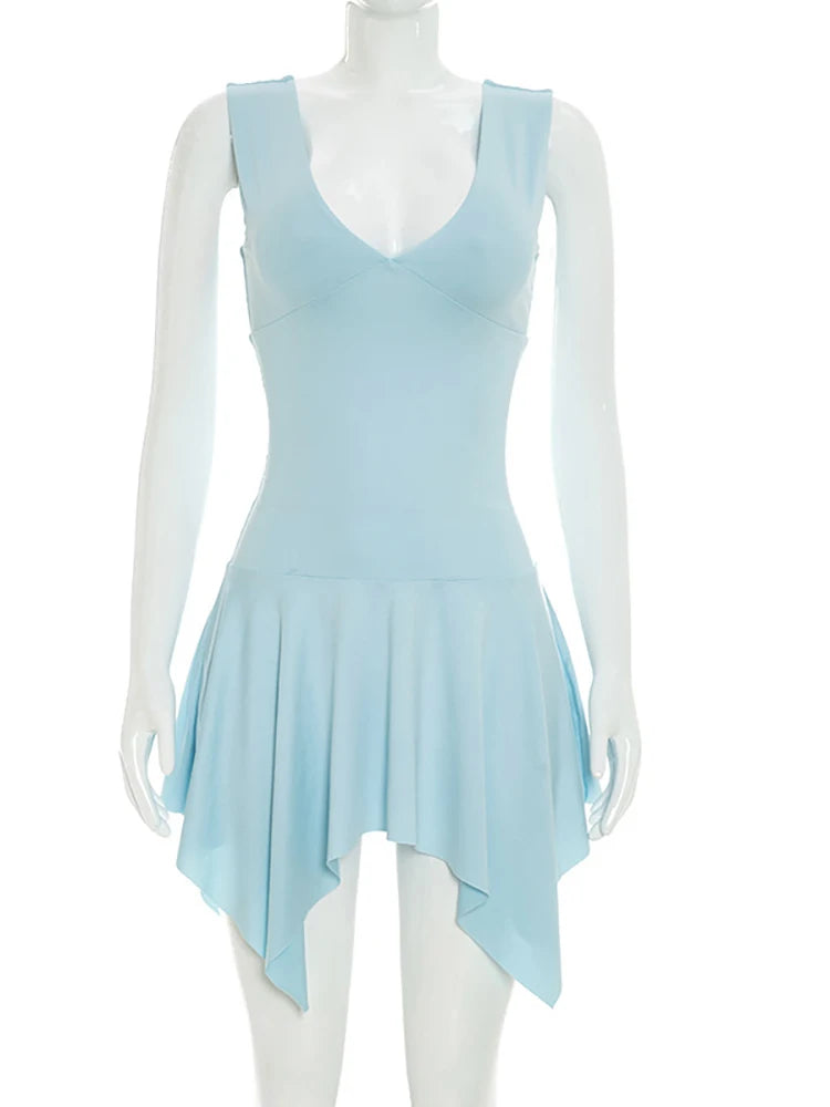 JULISSA MO Irregular Sexy Deep V-neck Mini Dress Women Blue Sleeveless High Waist Dress Summer Skinny Elegant Party Club Dresses