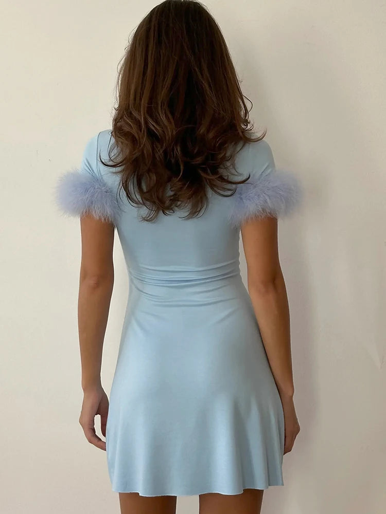 JULISSA MO Turtleneck Patchwork Feather Sleeve Women Mini Dress Short Sleeve A-line Dress Spring Skinny Elegant Party Club Dress