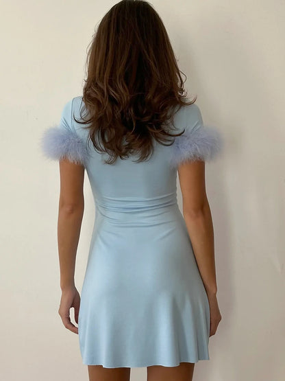 JULISSA MO Turtleneck Patchwork Feather Sleeve Women Mini Dress Short Sleeve A-line Dress Spring Skinny Elegant Party Club Dress