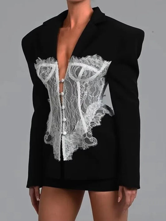 JULISSA MO Patchwork Deep V-neck Lace Women Blazer Black Long Sleeve Single Breasted Jacket Autumn Skinny Elegant Party Clubwear