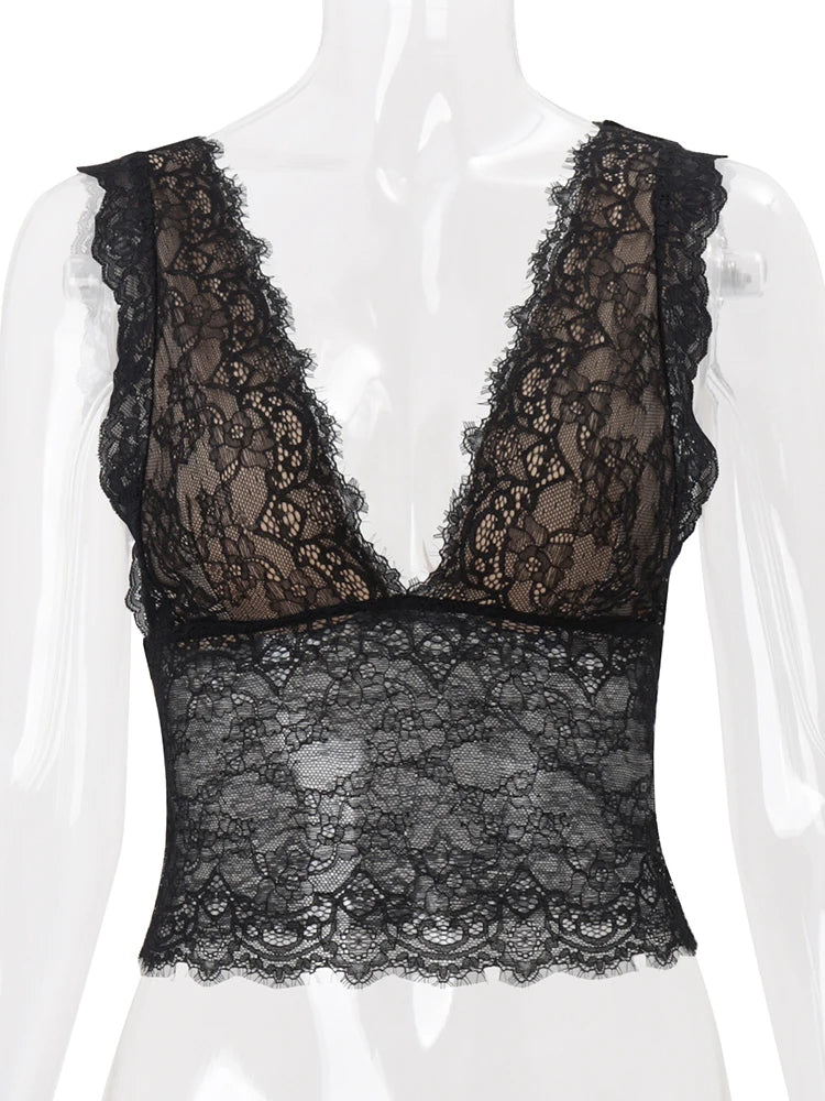 JULISSA MO Sexy Deep V-neck See Through Lace Women Vest Tops Black Sleeveless Solid Crop Top Summer Slim Elegant Streetwear 2026