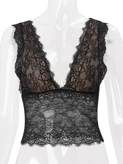 JULISSA MO Sexy Deep V-neck See Through Lace Women Vest Tops Black Sleeveless Solid Crop Top Summer Slim Elegant Streetwear 2026