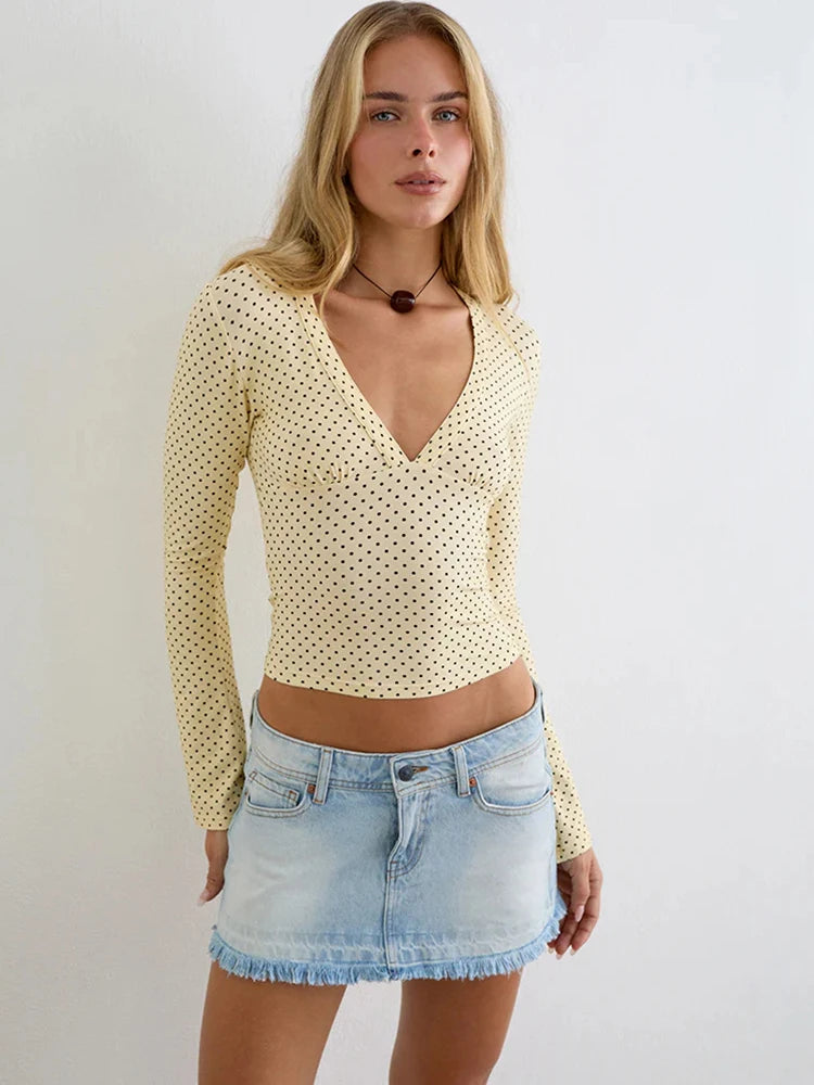 JULISSA MO Print Polka Dots Deep V-neck Women T-shirt Long Sleeve Casual Short T-shirt Summer Skinny Fashion Holiday Streetwear