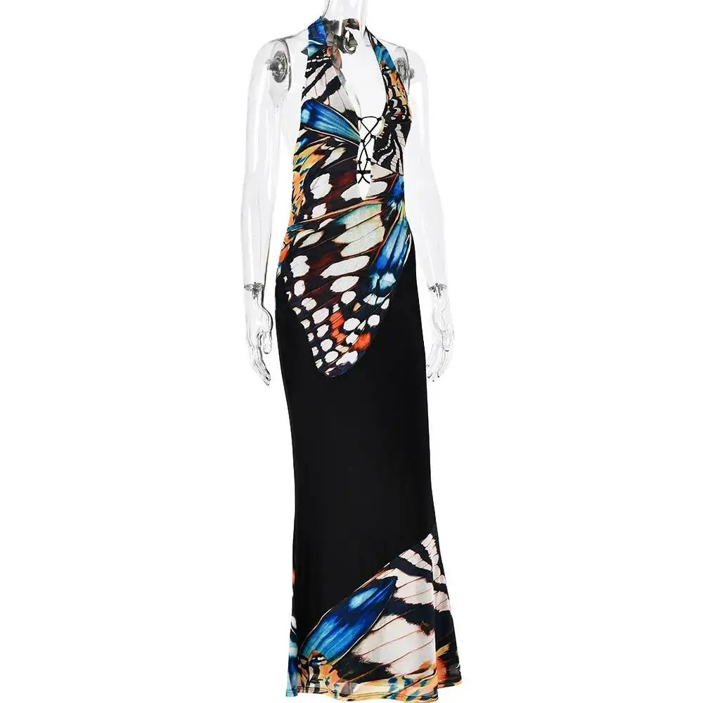 JULISSA MO Sexy Deep V-neck Print Halter Women Maxi Dress Black Backless High Waist Dress Summer New Elegant Party Evening Dress
