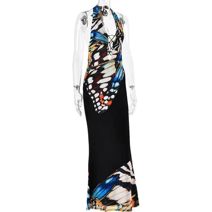 JULISSA MO Sexy Deep V-neck Print Halter Women Maxi Dress Black Backless High Waist Dress Summer New Elegant Party Evening Dress