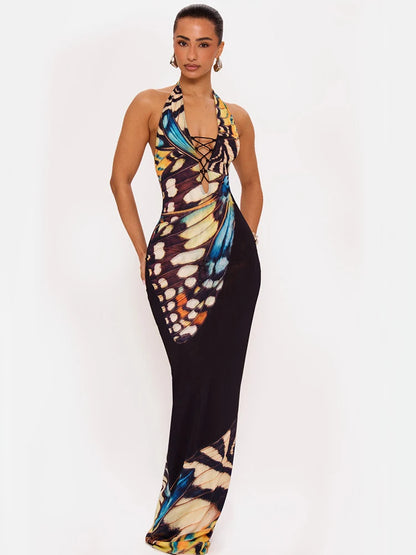 JULISSA MO Sexy Deep V-neck Print Halter Women Maxi Dress Black Backless High Waist Dress Summer New Elegant Party Evening Dress