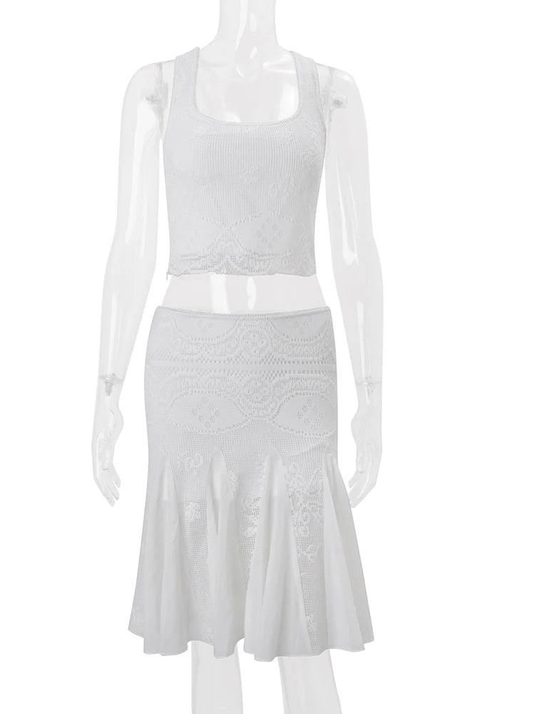 JULISSA MO Sexy Square Collar Ruffles Women Skirt Suit White Sleeveless Vest Mid Skirt Female Summer Slim Casual Two Piece Sets