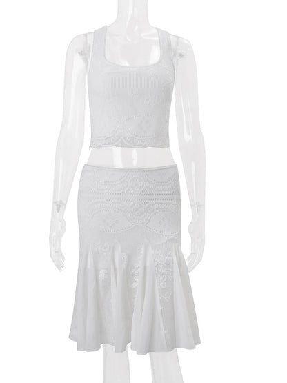 JULISSA MO Sexy Square Collar Ruffles Women Skirt Suit White Sleeveless Vest Mid Skirt Female Summer Slim Casual Two Piece Sets
