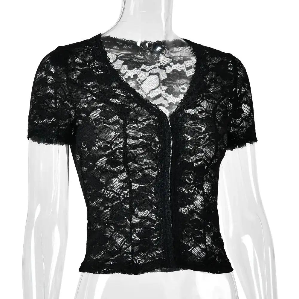 JULISSA MO Sexy Deep V-neck Sheer Lace Women T-shirt Black Short Sleeve Floral T-shirt Summer Skinny Casual Vacation Streetwear