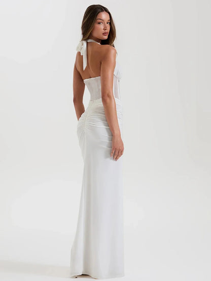 JULISSA MO Patchwork Sexy Deep V-neck Halter Women Maxi Dress Backless See Through Dress Summer Slim Elegant Party Evening Dress